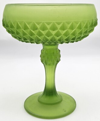 Vintage Indiana Satin Green Glass Compote Retro Diamond Point Footed Candy Dish