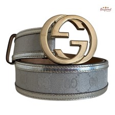 Auth Gucci Silver Monogram Canvas Leather Gold Interlocking G Buckle Belt 90/36