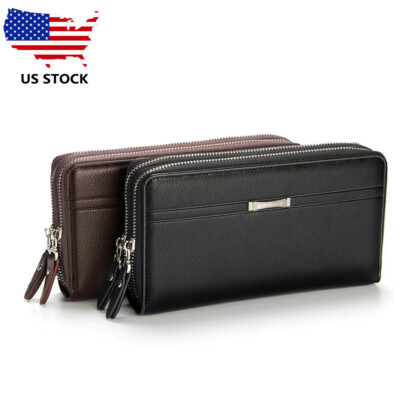 Men's Long Leather Wallet Double Zipper Wrist Clutch Bag Large Capacity Wallet