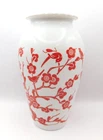 Vtg Mid Century Modern Milk Art Glass Vase w/ Birds & Cherry Blossoms Branch 9"