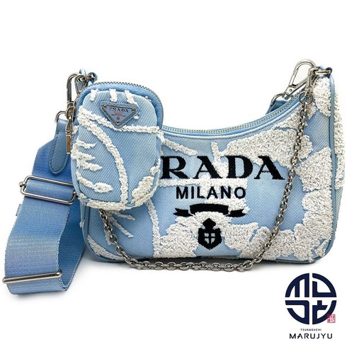 PRADA Re-Edition 2005 Embroidered Denim Shoulder Bag Light Blue White Floral - Picture 9 of 10