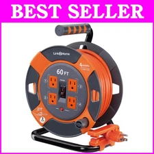 High-Visibility 60 ft Extension Cord Reel - Heavy Duty, 4 Outlets, On/Off Switch