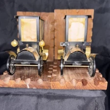 Vintage Bookends Metal Antique Model T With Wooden Bases Pair Hong Kong