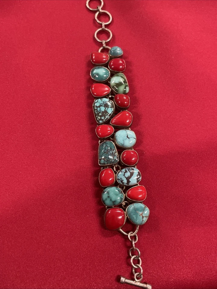 "Brazalete de plata de ley con piedras preciosas de coral azul turquesa y rojo 8""" Foto 2 de 4