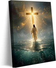 Jesus Walking On Water Canvas Wall Art, Cross Christian Poster, Home Decor
