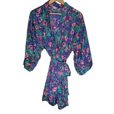 VTG Inner Most Floral Festival Kimono Duster Robe S/M Blue Teal Purple Satin