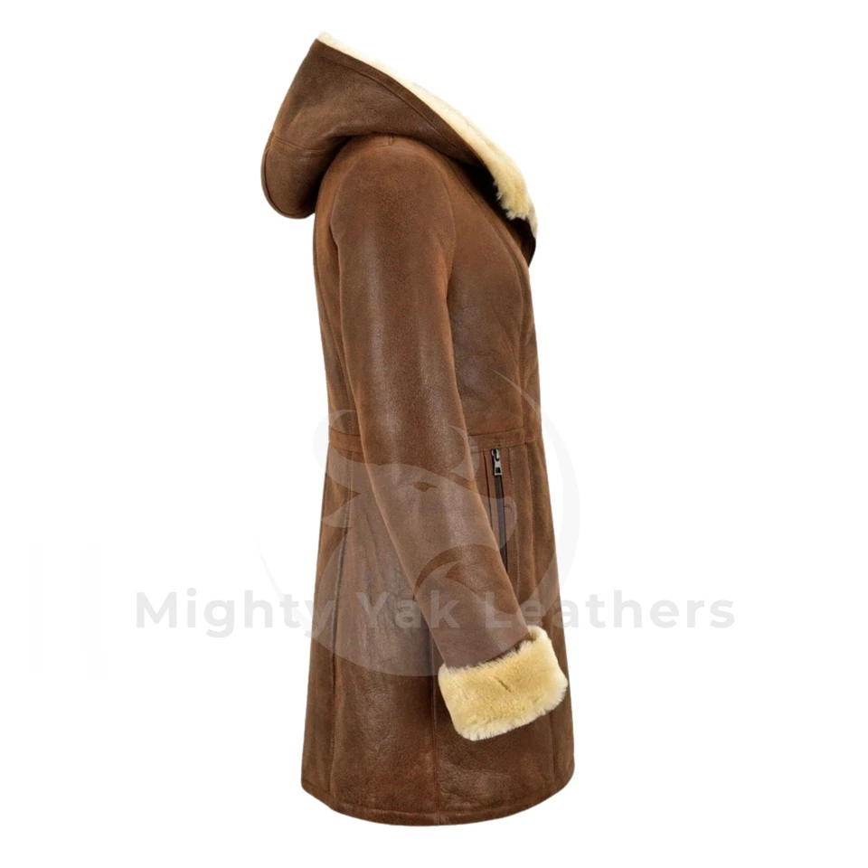 Chaqueta de cuero de oveja real marrón para mujer Abrigo con capucha de invierno de piel de oveja Foto 4 de 4