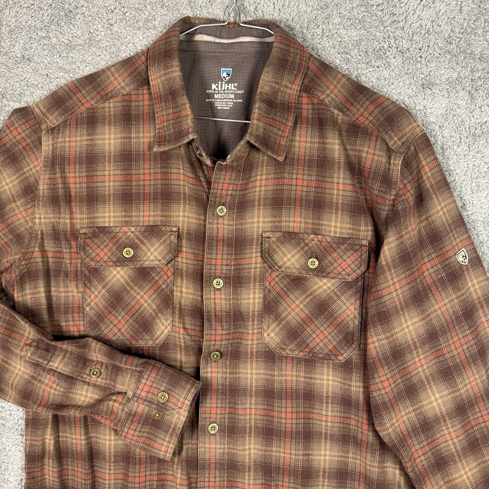 KUHL Dillingr Flannel Shirt Men’s M Brown Plaid Outdoor Casual Metal Button 7186