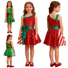 Girls Christmas Elf Costume Sequin Ballet Dance Leotard Dress Big Bow Stripe