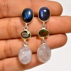 Labradorite Moonstone Gemstone 925 Silver Handmade Dangle Earrings 1.7" ARE-6682