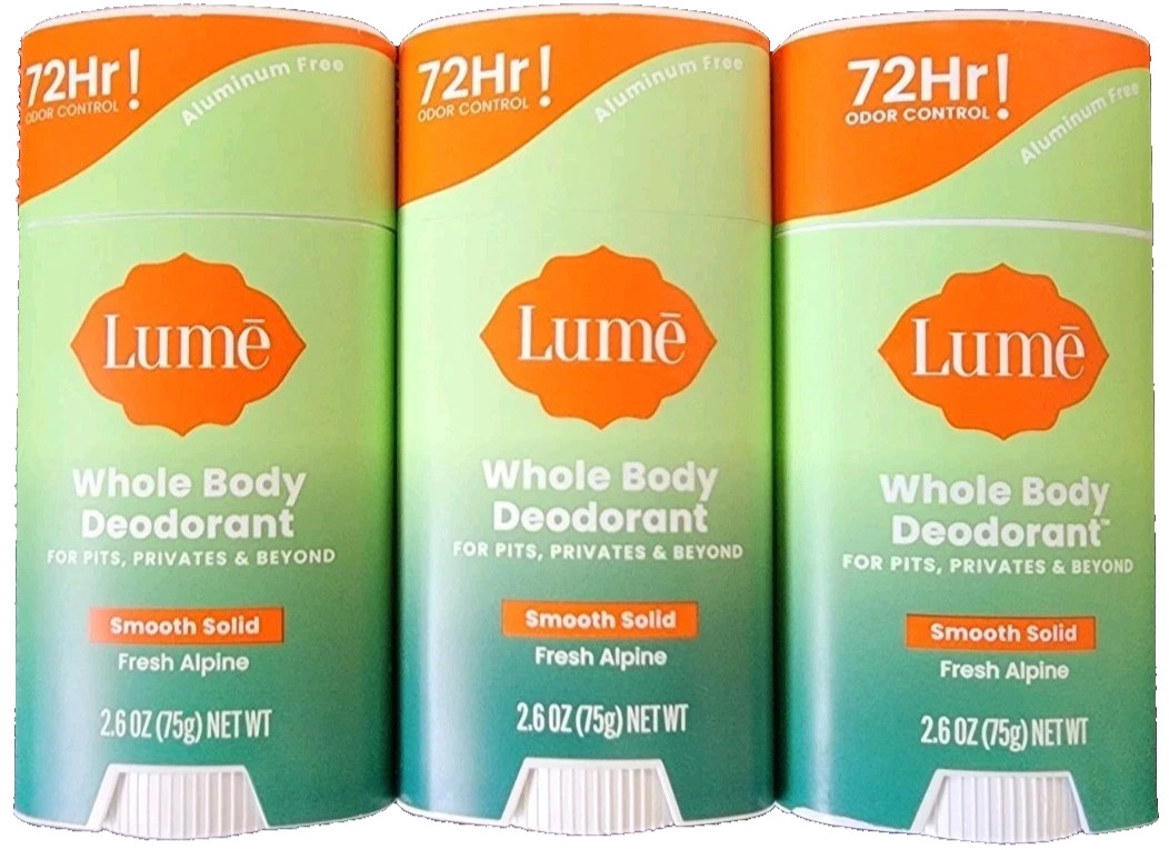 (3) Lume Whole Body Deodorant 72-hr Smooth Solid Stick, Fresh Alpine 2.6 oz