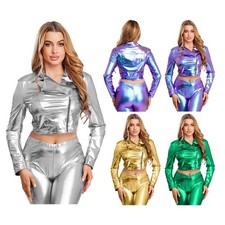 Womens Outfits Holographic Jackets Blazer Metallic Shiny Zipper Tops Hip Hop