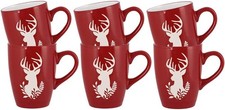 Set of 6 Mugs - Hand Painted Red & White Reindeer Stoneware Crockery Dishwasher