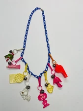 Vintage Bell Charm Necklace with 8 Charms 1980s Jewelry Purple Chain BIN 78