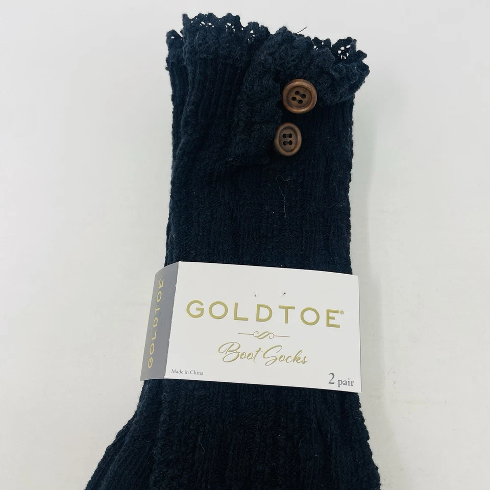 Gold Toe 女式鞋 6-9 码 2 件装褶皱电缆纽扣船袜黑色 802 — 第 3/4 张图片