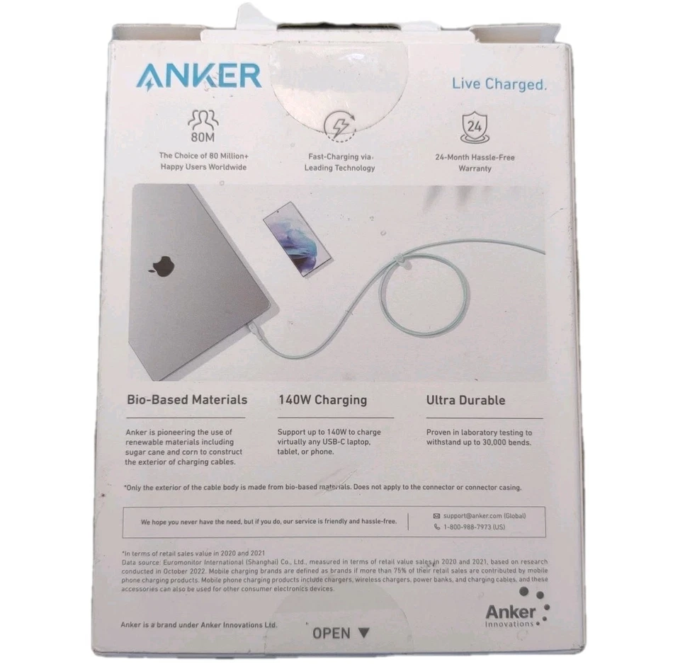 Anker 544 Usb-C To Usb-C Bio-Nylon Green 6Ft Cable - NEW - Image 2 of 4