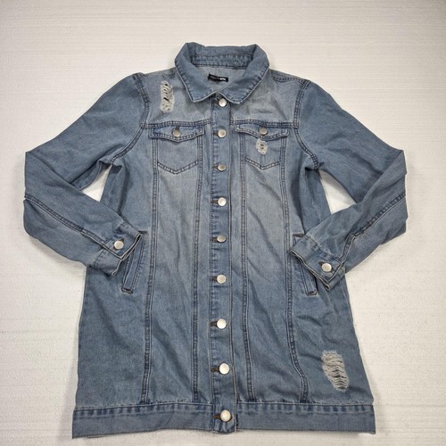 Fashion Nova Jacket Womens Large Blue Denim Long Distressed Jean Coat Button Up