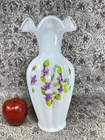 Rare Fenton Art Glass Vase Violets in The Snow Silver Crest Ruffle Melon Side 11