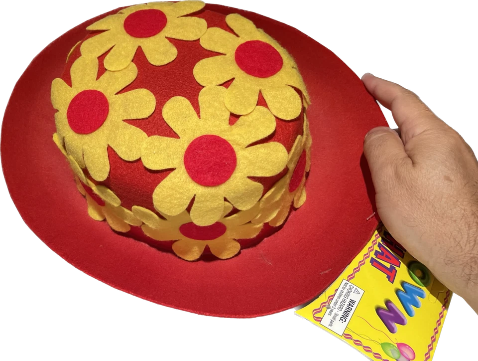 RED CLOWN DAISY DERBY HAT Costume Cap Funny Adult Bowler Yellow Flowers Mime NEW - Image 3 of 4
