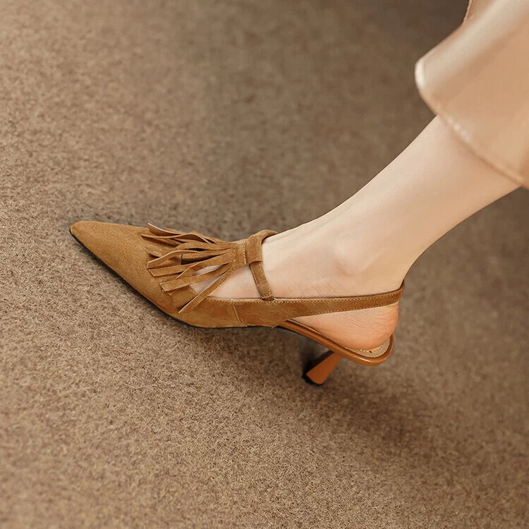 Womens Suede Leather Tassel Slingback Kitten Heel Sandals Elegant Summer Shoes - Image 3 of 4