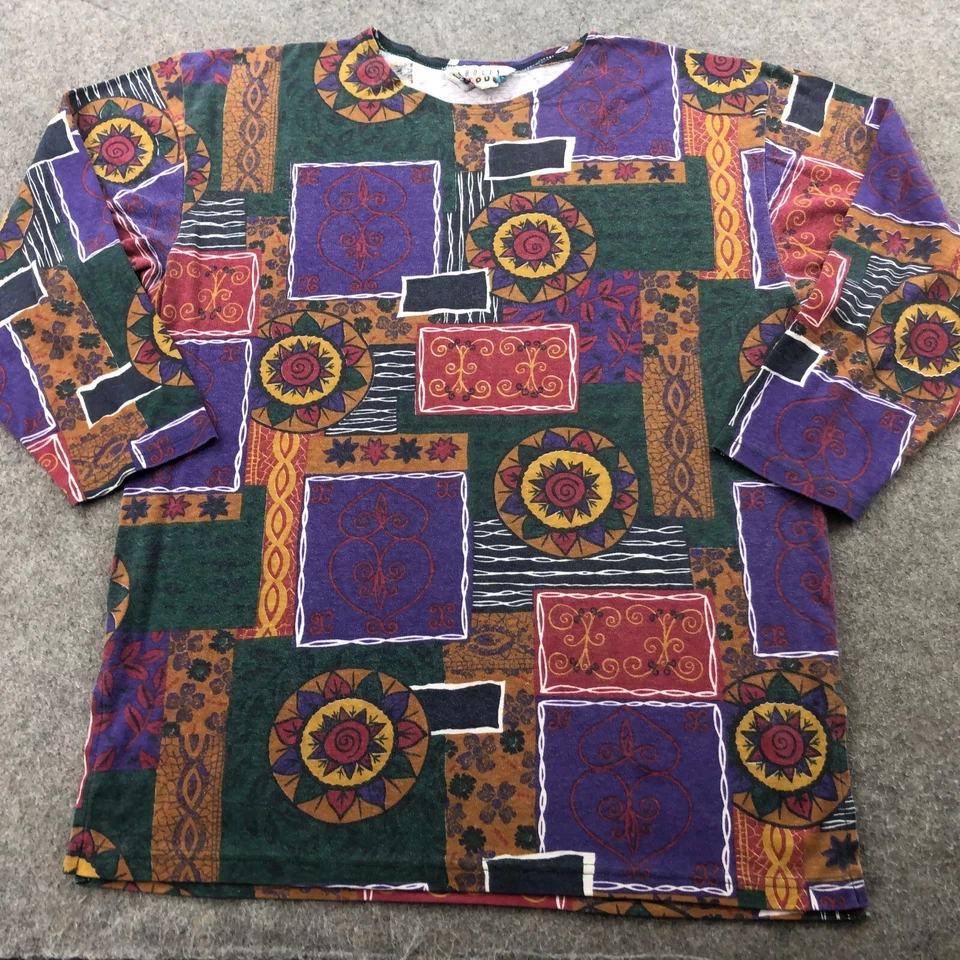 Top vintage Carolina Colores Mujer Grande Azul Geométrico Cuello Redondo Manga Larga Foto 2 de 4