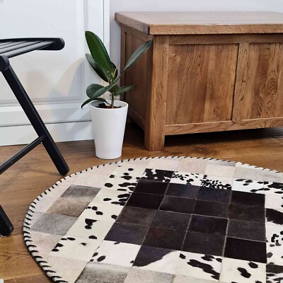 Runder Rindsleder Patchwork Teppich, Designer Teppich, handgefertigter Haarfell Leder Teppich