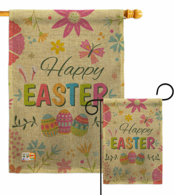 Happy Easter Colorful Flowers Burlap Garden Flag Spring Decorative Yard Banner