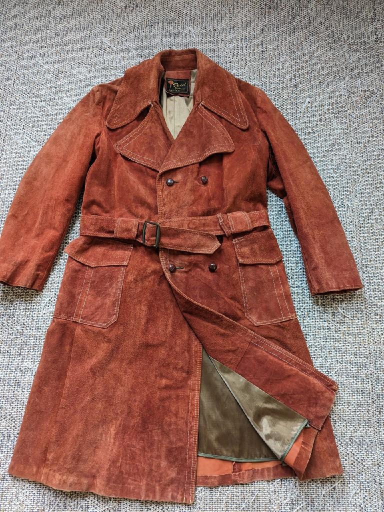 vintage TRENCH COAT leather COWHIDE split suede 4… - image 9