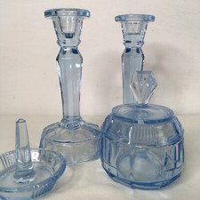Vintage Blue Glass Art Noveau Dressing Table Set 1930s