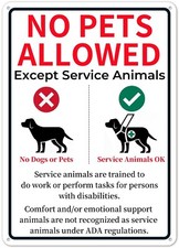 Metal No Pets Sign, 10" x 14" No Dogs Or Pets Allowed Except Service Animals
