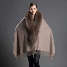 Women Wool Cape Pashmina Real Fox Fur Collar Poncho Wraps For Wedding Party