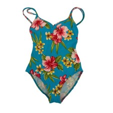 Liz Claiborne One Piece Swimsuit Teal Tropical Floral Hibiscus Plumeria Women's