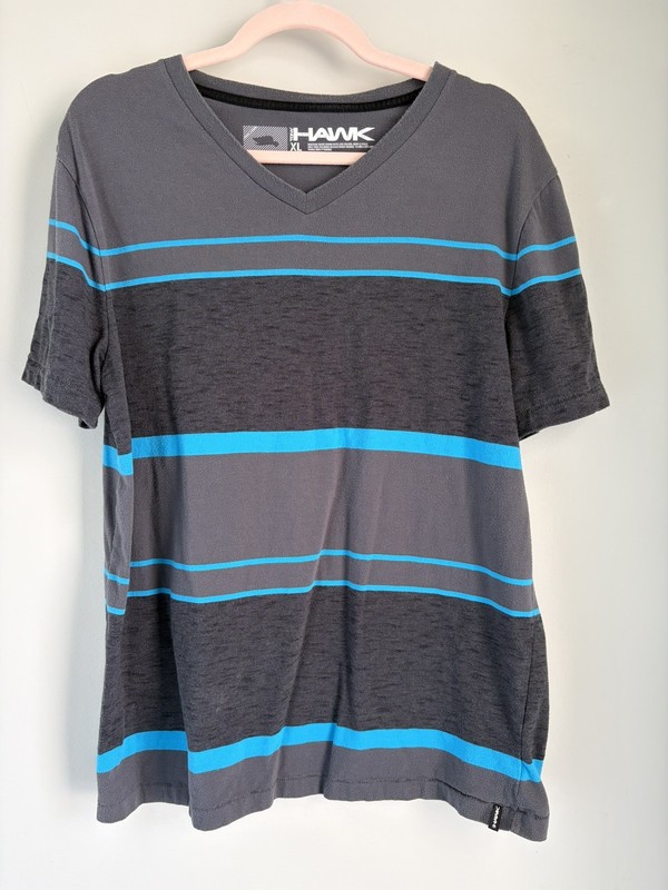 Tony Hawk Men’s Short Sleeve Shirt Grey/Black / Turquoise Striped Size XL