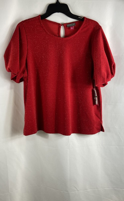 Vince Camuto Women's Red Vermillion Glitter Puff Sleeve Blouse Sz L NWT