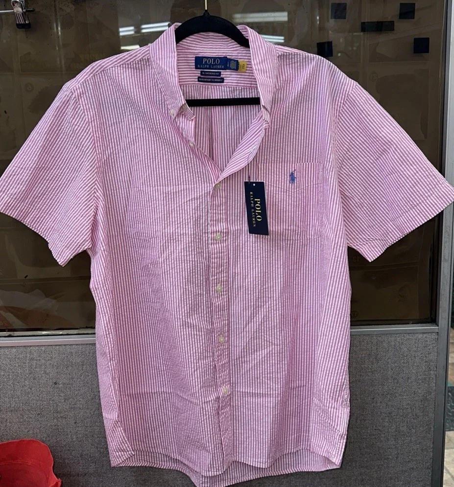 Polo Ralph Lauren RL Untucked Fit Seersucker Button-Down Pocket Shirt Pink Large