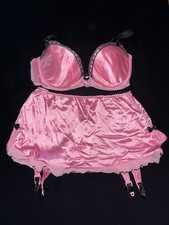 Vintage Victoria  s Secret Second Skin Satin Pink Thong Garter Skirt Sz L 36 B