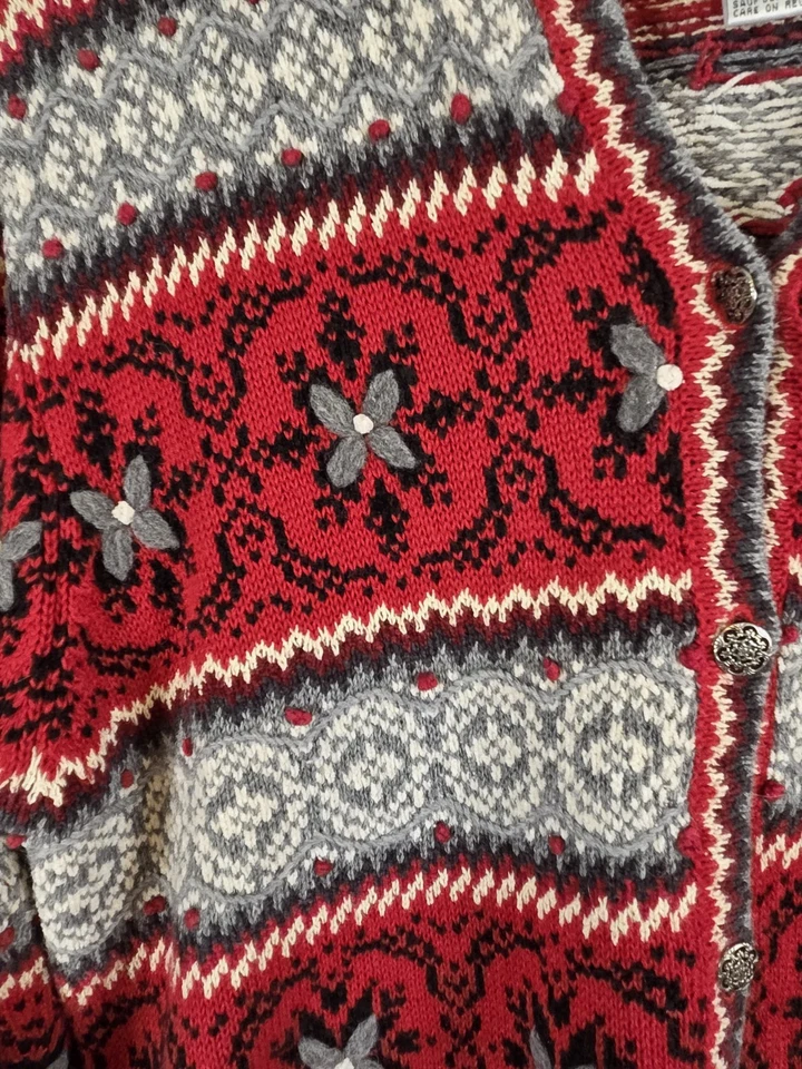 TALBOTS Silk Mix Embroidered Cardigan Sweater Womens M Fair Isle Holiday Red - Image 2 of 4