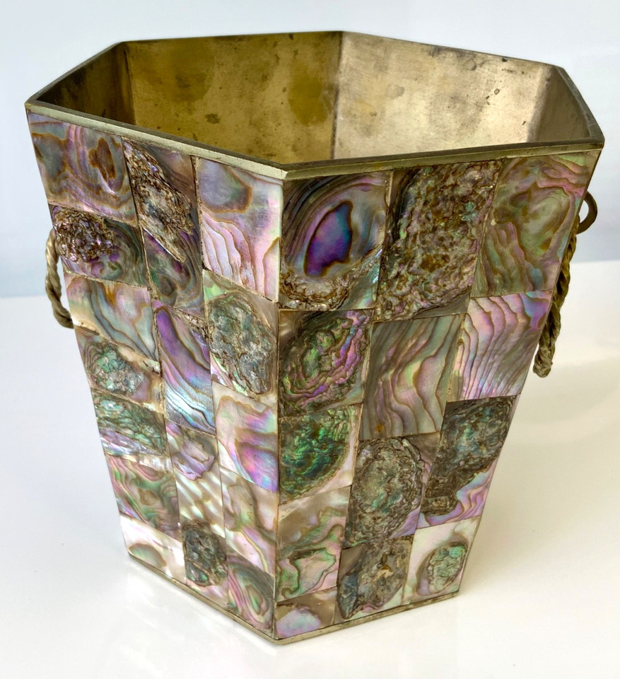 Vintage Abalone Shell & ALPACA Silver Ice Bucket Mexico Mixology Barware 5 1/8”