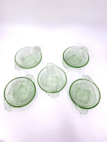 Lot Of 5 Stolle Niemen of Poland 1920s Art Deco Green Depression Glass Bowls