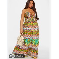 Fashion Nova Alejandra Tiered Maxi Dress 3X Resort Fruit Lemon Citrus Halter