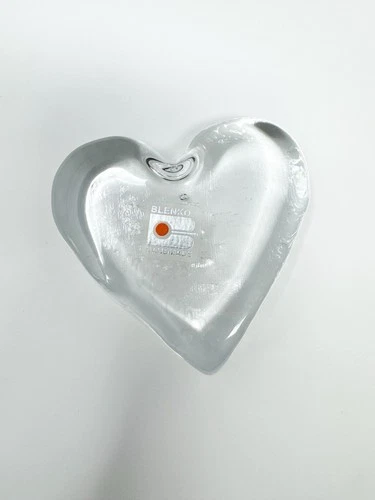 Blenko Glass Clear Heart 3.5” Paperweight Original Label Richard Blenko SIGNED