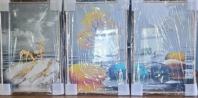 6pc Huge Set Crystal Porcelain Art 16x24 Golden Deer/Trees Abstract Landscape