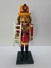 2009 14" Wooden Nut Cracker, Fire Fighter W/ Ladder And Hose Red Yellow