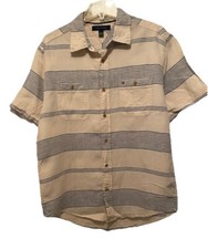 Men s Tommy Hilfiger Shirt 100 Linen Med Blue Cream Button Up Short Sleeve
