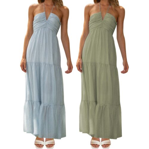 Ladies Summer Beach Boho Dresses Holiday Off Shoulder Halter Neck Mini Dress