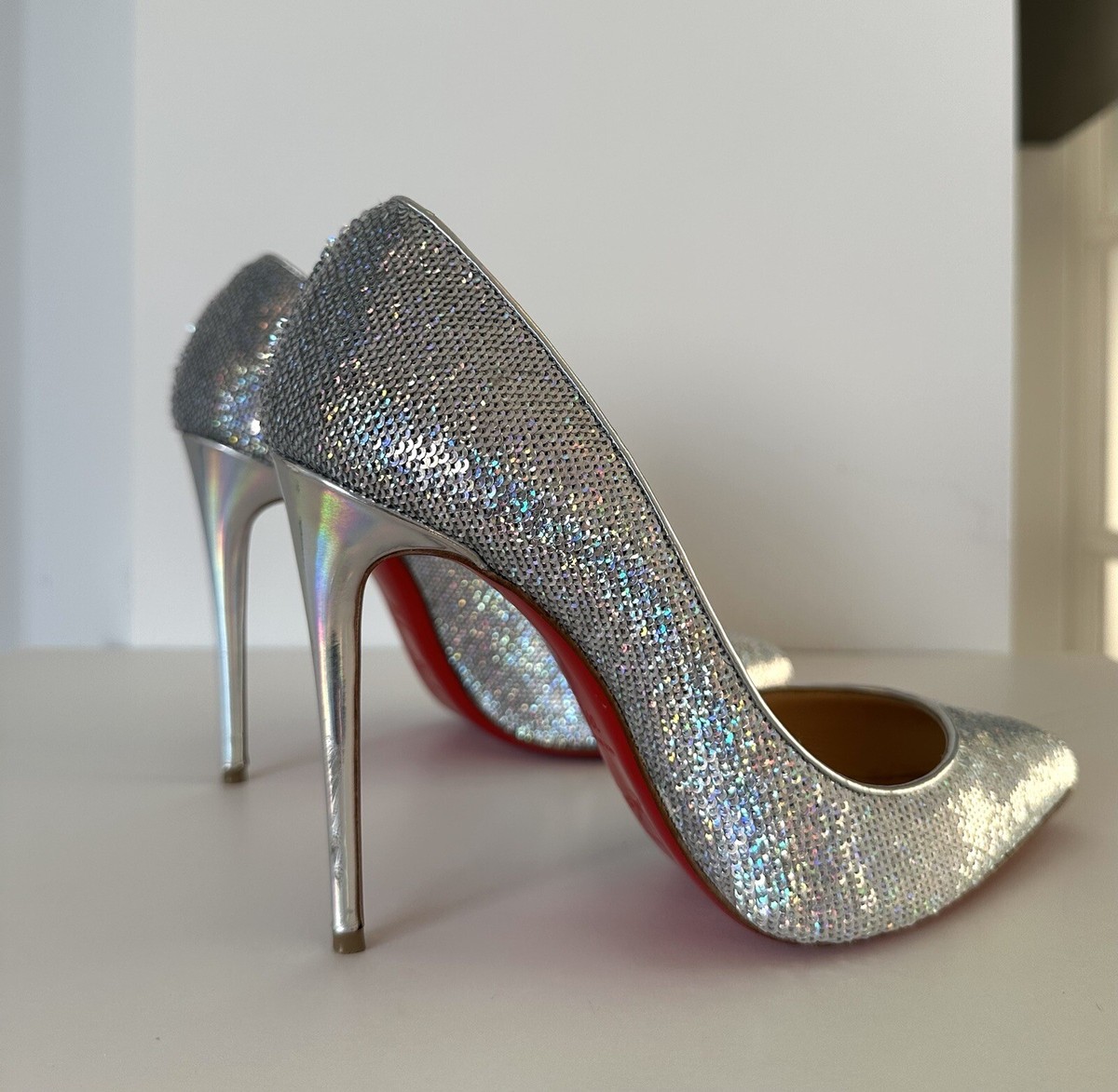 $845 CHRISTIAN LOUBOUTIN Metallic & Silver Sequin Accents 38.5
