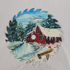 Hand Painted 7 1/4" Saw Blade Snowy Country Scene Hand Signed