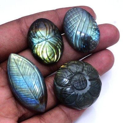 4 Stück Natürlich Labradorite 30mm-42mm Hand Schnitzerei Flashy Unbehandelt