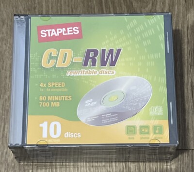 NEW Staples Jewel Cases 10 Pack - 4x Speed 80 Minutes 700mb CD-RW