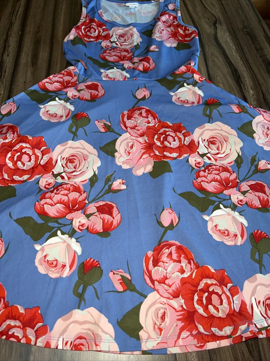 New LuLaRoe Nicki Dress Pocket Sleeveless M 10/12 Blue Pink Red Blush Roses  🌹 8